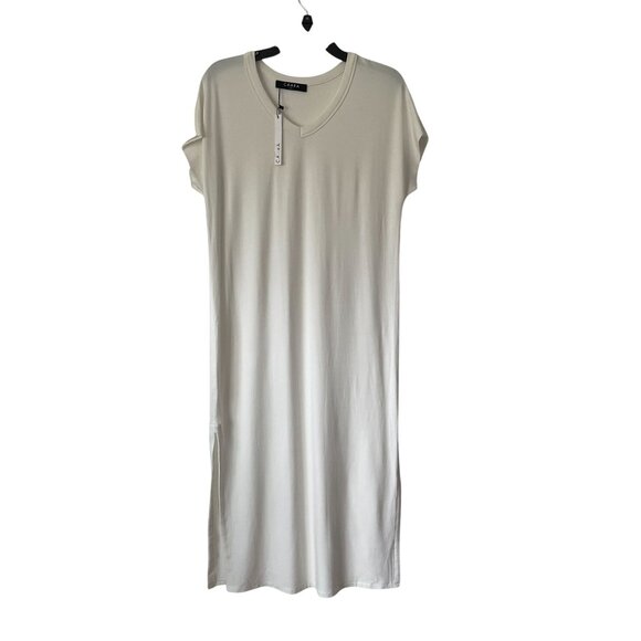 Caara S White V-Neck Short Sleeve Midi T-Shirt Shift Dress Side Slit Relaxed - Picture 1 of 6